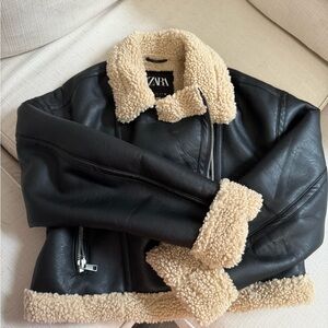 Zara faux Leather Jacket with Cream Shearling Trim